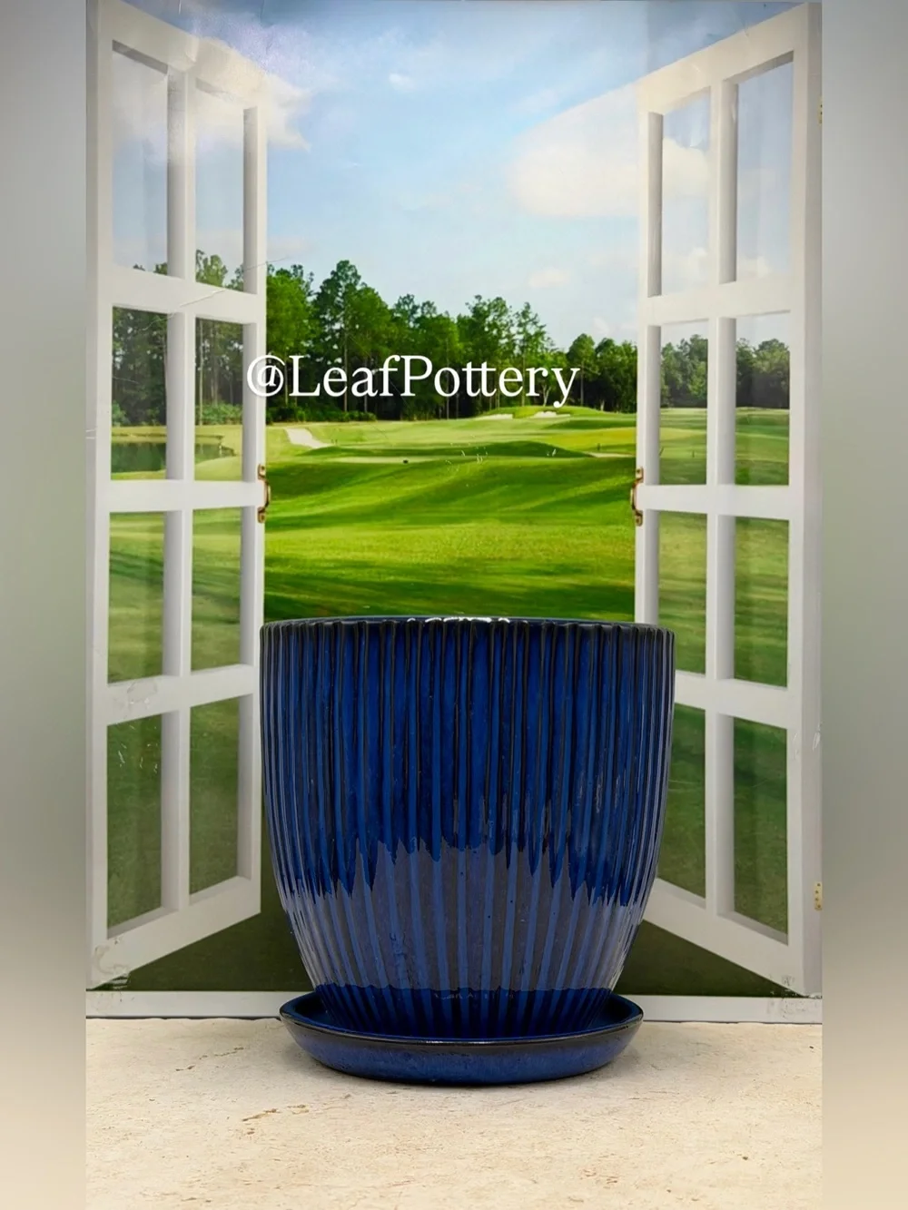 Cobalt Blue Ceramic Planter with Saucer, 7 Inch Rippled Pot with Drainage